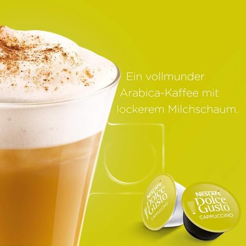 Image of Nescafe Dolce Gusto Cappuccino Coffee Capsules, Arabica & Robusta Selection, Round & Silky, 6 Cups 120g (Product Of UK) with Free Flavourito Kunafa Pistachio Chocolate Bar, 20g By Decadent Foods