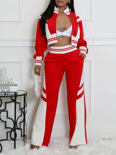 KANSOON Track Suits for Women Set Two Piece Color Block Zip up Crop Sweatshirt Jacket Wide Leg Sweatpants Jogger Outfit2