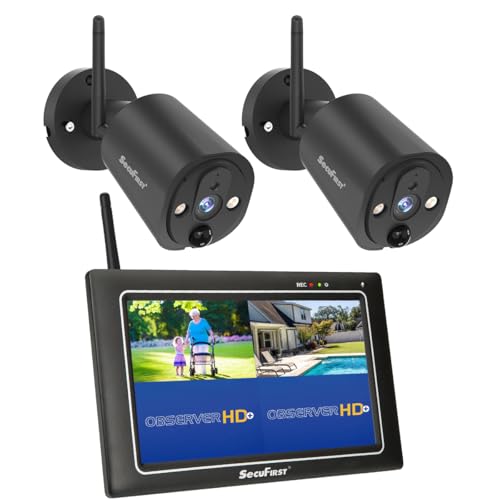 SecuFirst Kit Telecamere Videosorveglianza Esterno, con Monitor Touch Screen da 7' +2X Telecamere senza fili da esterno,2K Baby Monitor, funziona senza Wi-Fi, 64 GB di memoria.