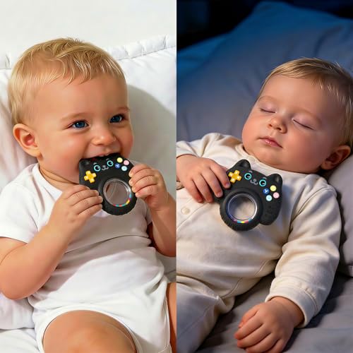 Image of Baby Teether Toy Silicone Cat Teething Ring -Game Controller, Baby Rattle Toy Chew Sensory Toys for Babies Over 3 Months, Teething Relief for Newborn Infant Essentials 0-6 6-12 Months, BPA Free -Black