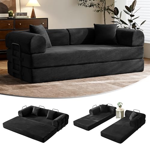 79' Convertible Sofa Bed with Fixed-Shape Frame & Removable Armrests, Modular Corduroy Sleeper Sofa, Folding Mattress Couch for Small Spaces - No Assembly Needed in Black (Includes 2 Pillows)