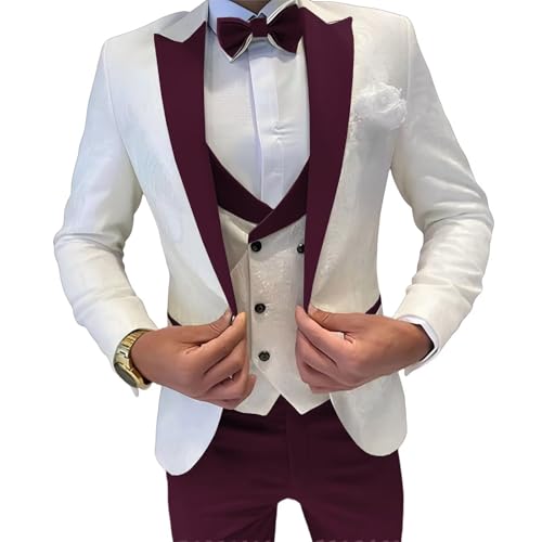 SAROULU Mens Jacquard Suit 3 Piece Formal Suits Prom Slim Fit Business Suit for Men Jacket Vest Pants Wedding Suit
