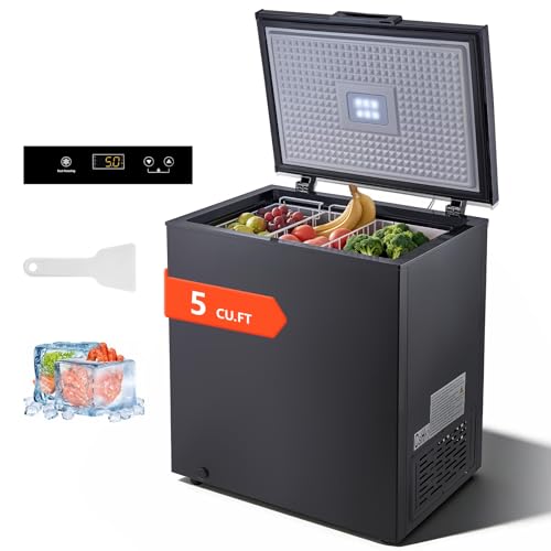 VEVOR Chest Freezer, 5 Cu.ft Compact Deep Freezer, Free Standing Top Open Door Chest Freezers with 2 Removable Baskets & Adjustable Thermostat - Energy Saving, Low Noise & Garage Ready, Black