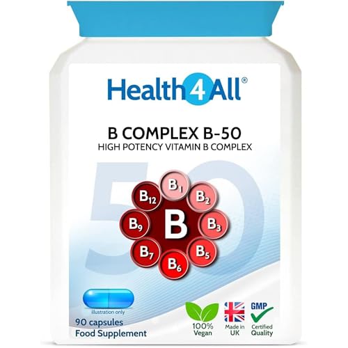 Health4All Vitamin B Complex B-50 90 Capsules, 3 Months Supply, High Potency Vegan B-Complex with PABA | Support Cognitive Functions, Energy, Tiredness & Fatigue | Made in UK (not Tablets)