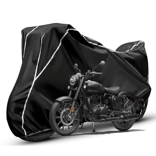 Image of Waterproof Bike Body Cover Compatible with RE Classic 350 Dustproof Scratchproof - Motorcycle Cover for Two Wheeler, Outdoor Full Cover with UV, Duty, Rain Protection (Black & White) R1