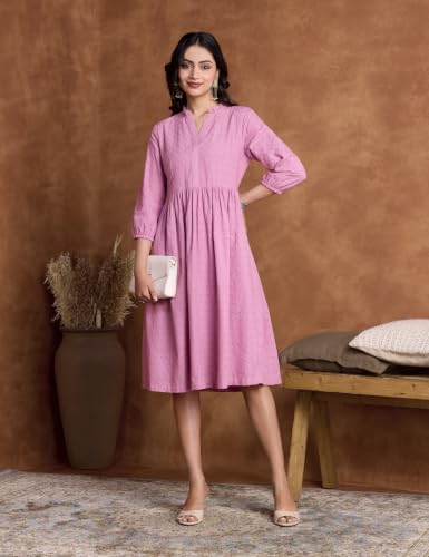 Image of Amazon Brand - Myx Women's Schiffli Embroidery Ethnic Dress | Fit and Flare | Knee Length (Available in Plus Sizes)