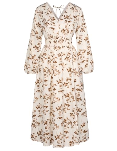 GRACE KARIN Damen Herbst V-Ausschnitt Retro Kleid Langarm Elastische Taille Floral Bedrucktes Kleid Braune Blume 36
