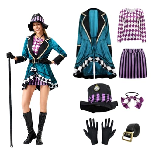 maxToonrain   Disfraz de sombrerero loco para adultos, 7 piezas, disfraz del Día Mundial del Libro de terciopelo con sombrero, accesorios de Halloween y disfraces para mujer (verde azulado