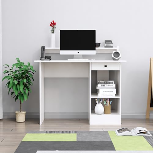 Image of Bniture Wooden Study Table for Home | Engineered Wood Study Table with Book Shelf | Multi Purpose Computer Desk for Study & Writing | Laptop Table for Home with Drawers & Storage Shelf | Frosty White