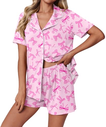 Image of Ekouaer Pajamas Set for Women 2 Piece Pjs Short Sleeve Sleepwear Button Down Lounge Shorts Sets S-XXL