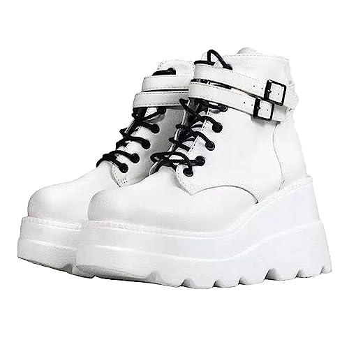 Optigard Women's Goth Platform Ankle Boots,Fashion Round Toe Lace Up Side Zip Punk Wedge Booties Chunky Motorcycle Combat Boots