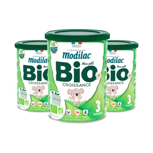 Modilac - Lait Infantile en Poudre Bio Croissance 3 - Lait Écrémé 100% Français - Riche en Acides Gras Essentiels - Fabriqué en France Sans Huile de Palme - 3eme Age, 10 à 36 Mois - Lot de 3x800g Cover