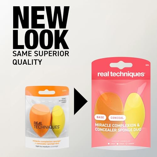 Real Techniques Miracle Complexion Sponge + Concealer Sponge Duo, Makeup Blending Sponges For Foundation & Concealer, Offers Light To Medium Coverage, Natural, Dewy Makeup, Latex-Free Foam 2 Count
