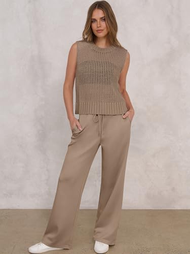 ANRABESS Women 2 Piece Summer Outfits 2026 Crochet Sweater Vest Wide Leg Pants Lounge Matching Sets Travel Vacation Clothes Light Brown Small — view 5