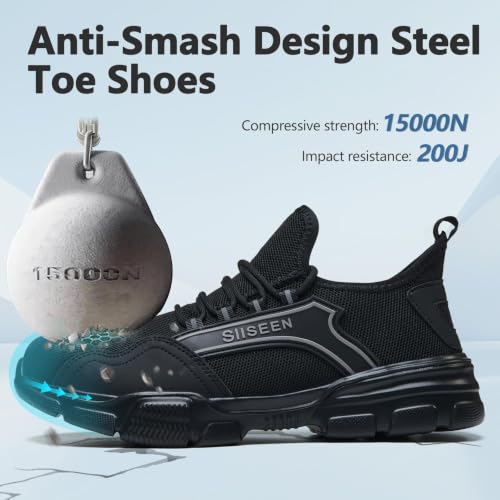 Image of Hogent Steel Toe Shoes for Men Women, Puncture Resistant Work Shoes, Lightweight Breathable Slip On Safety Sneakers Ideal for Construction Warehouse Manufacturing