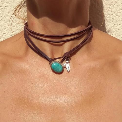 Boho Choker Necklace for Women Western Leather Shell Cord Trendy Layered Western Turquoise Accessories Necklaces Jewelry for Women2