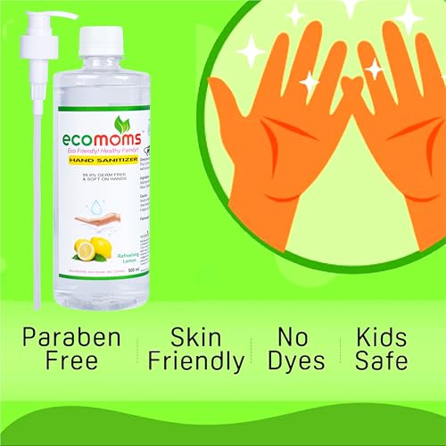 Image of Ecomoms hand sanitizer 500ml Gel and Sanitizer 75% Alcohol-Based Kills 99.9% of Germs Skin safe (Pack of 1)