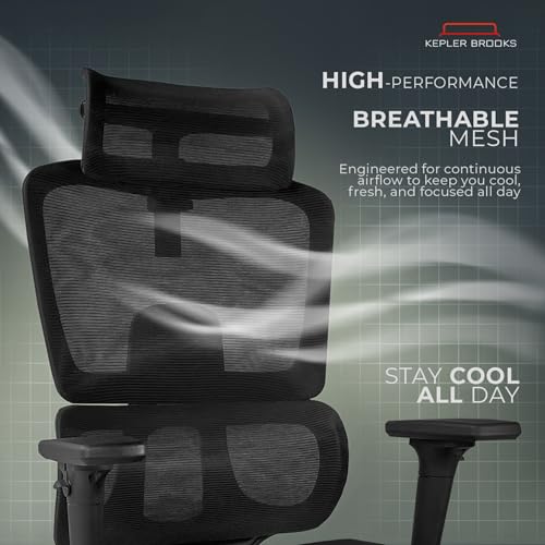 Image of Kepler Brooks Imperia Elite Office Chair for Work | 3-Year Warranty | Ergonomic Office Chair, Study Chair for Home, 2D Headrest, 3D Armrest, Multi Lock Seat Slider Mechanism, Aluminium Base (Black)