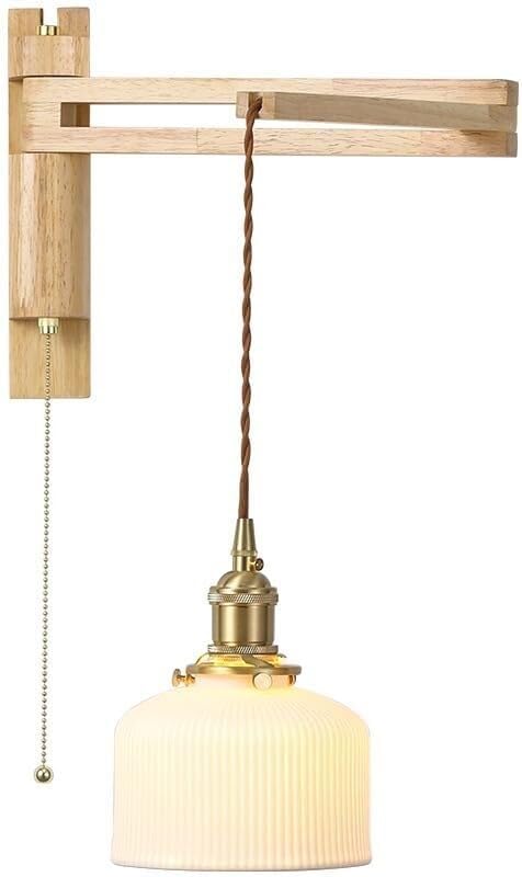 Mid Century Wall Sconce Milk Glass Swing Arm Wood Vintage Adjustable Farmhouse Reading Light for Bedside Living Room Office E26E27 Base(Cylinder)