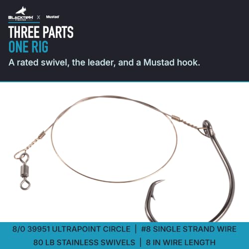 BlacktipH x Mustad Live Bait Wire Rig, 42in #8 Hilo Simple, Anzuelo UltraPoint Circle Mustad 39951 8/0, Giratorios de Acero Inoxidable 80lb, Trolling Lento y Deriva en Agua Salada miniatura 4