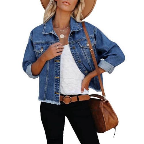 LONGBIDA Women's Jean Jacket Frayed Washed Button Up Cropped Denim