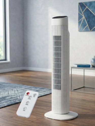 Uthfy 31" Electric Tower Fan That Blow Cold Air, Quiet Cooling Fan with Oscillation 7.5H Timer,Portable Floor Bladeless Standing Fan with Remote, White