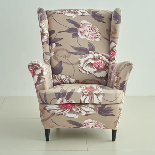 Image of HOKIPO 140 GSM Stretchable Wing Chair Cover, Buff Brown Geum (NEW-AR-5135-D3)