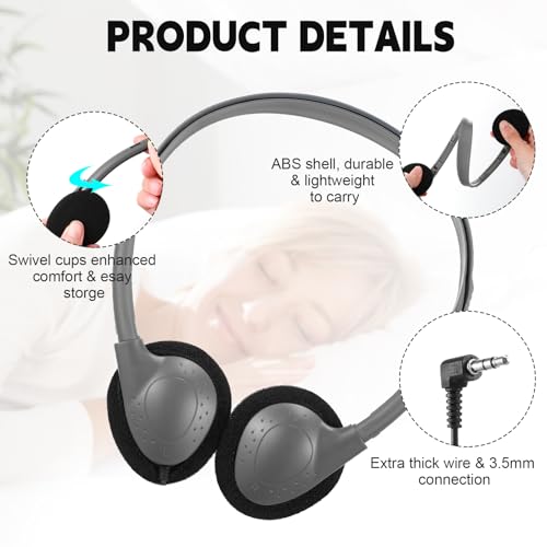 Image of Konohan 30 Pack Headphones Bulk Headphone for School Classroom Student Wired Headphones Adjustable with 3.5 mm Jack for Adults (Grey)