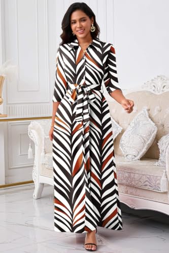 Image of Runwind Women Church Maxi Dresses 3 /4 Sleeve Button Down Print Casual Office Dress African