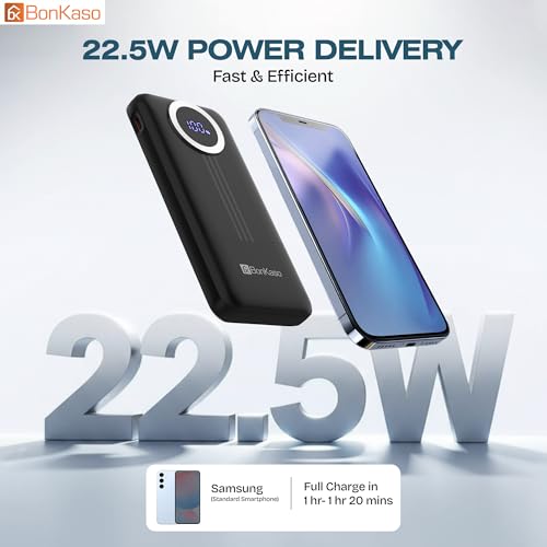 Image of BonKaso 10000mAh Power Bank 22.5W PD Fast Charging with Built-in 2-in-1 Type C & Lightning Cable, Digital Display, Dual USB Output, Compact Portable Charger for Android, iPhone, Tablets - Black