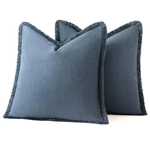 Image of MIULEE Decorative Throw Pillow Covers Neutral Linen Fringe Throw Pillows Set of 2 Blue Ashes Boho Farmhouse Cushion Covers with Tassels for Couch Sofa Bed Spring Home Decor 22x22 Inch