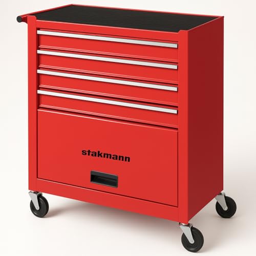 STAKMANN Carrello Portautensili con 4 Cassetti in Acciaio, Carrellino per Attrezzi Multiuso, Armadietto per Strumenti di Lavoro con Ruote Piroettanti, Ideale per Officine, Garage, Fai da Te (Rosso)