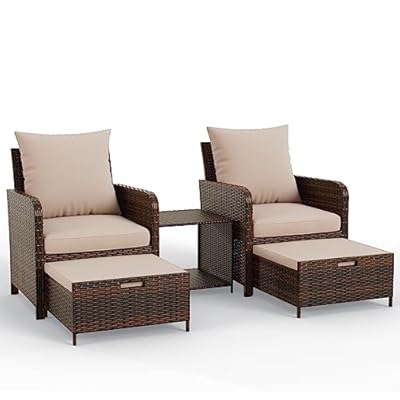 UDPATIO Balcony Furniture Outdoor Patio Chair with Ottoman for Small Space, 5 Piece Wicker Patio Furniture Set with Side Table, Khaki