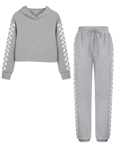 DAXIANG Cute Clothes for Girls Sweatsuit Sets Crop Tops Fashion Sweatshirts and Sweatpants Grey 9-10 Years