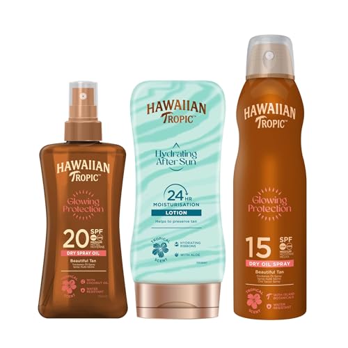 Hawaiian Tropic Aceleración del Bronceado - Spray Aceite Protector Solar SPF 20 + Bruma de Aceite Argán SPF 15 + After Sun Silk Hydration - Pack 3 unidades