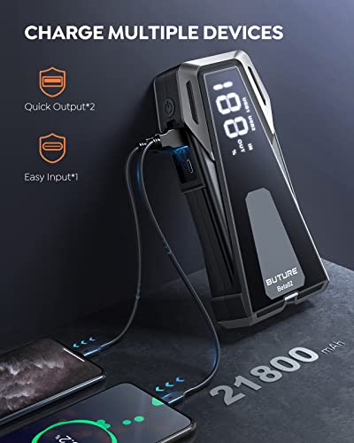 Buture Car Battery Jump Starter 2500A Jump Box (8.5L Gas/8.0L Diesel), Car Jumper Starter Portable Car Jump Starter Battery Pack With Extended Smart Jumper Cables, Quick Charge, Large Display, Lights #TOP2