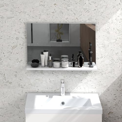 kleankin Specchio Bagno da Parete con Mensola, Specchiera Moderna Multiuso per Bagno, Camera e Ingresso, 60x12x40 cm, Bianco