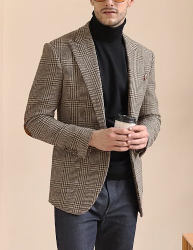 ONAXTDA Elbow Patch Plaid Blazer Jacket for Men Slim Fit Fashion Splicing Collar Casual Sport Coat2