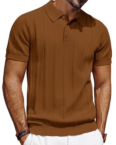 PJ PAUL JONES Mens Polo Shirts Textured Knit Golf Shirt Caramel S