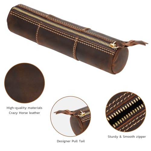 Image of ECHSRT Genuine Leather Pencil Pouch for Adults, Slim Cylinder Case, Coffee | Full-Grain Cowhide Leather, Crazy Horse Finish, Slim Cylinder Design, Single Zipper, Vintage Pen Organizer for Adults