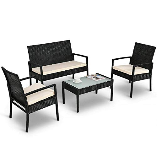 Image of Carry Bird 4 Piece PE Wicker Rattan Outdoor Furniture | 4 Seater Balcony Sofa With Tea Table | Set of 2+1+1 Outdoor Patio Chairs with Coffee Table | Sofa Sets & Center Table for Home & Garden | 3 Piece Patio Stools with Table | Indoor Patio Furniture Set Space Saving | Rattan Chair | Patio Set | Wicker Conversation Set | Poolside Lawn Arm Chairs Set For Balcony & Terrace | Balcony Table chair Set | Hotel Patio Seating Chair & Table Set with Glass | Dark Brown Sofa Beige Cushion
