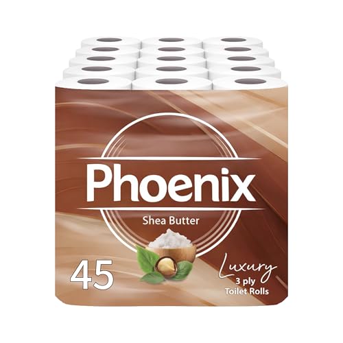 Phoenix Toilet Rolls – 45 Pack | 3 Ply Shea Butter Scented Toilet Paper | Bulk Buy, Soft, Quilted, Sustainably Sourced, Eco- Friendly Luxury Bathroom Tissue