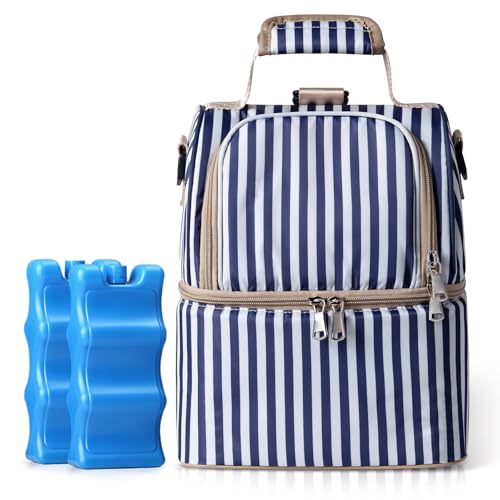 Image of NCVI Breastmilk Cooler Bag with 2 Ice Pack, Breast Pump Bag with Cooler Fits 6 Bottles, Double Layer Breast Milk Baby Bottle Cooler Bag, for Travel, Nursing Mom Daycare, Work, Picnic (Stripe)