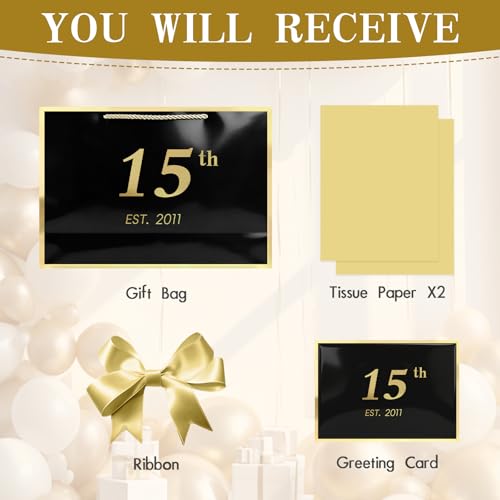 Image of JMANNI 15th Birthday Gift Bag with Card and Tissue Paper for Men Women Him, 13 inch Elegant Black Gold Anniversary Keepsake Party Present Shopping Paper Bags for Gifts Wrapping (EST.2011 /Black /Medium)