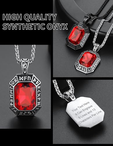Image of ChainsHouse Viking Rune Pendant Necklace for Men Women, Punk Biker Black Metal /316L Stainless Steel Onyx Norse Vintage Amulet Necklaces with Black /Red /Green /Blue Gemstone, Send Gift Box