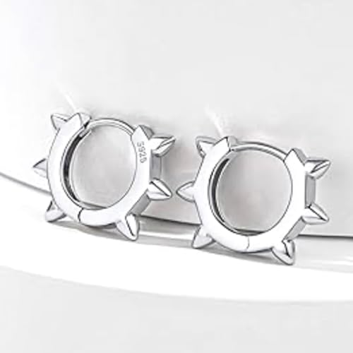 Spike Punk White Gold Rhodium Solid 925 Sterling Silver Small Spiked Thorn Hoop Earrings for Men Women Huggie Hoops Earrings, Nickel-Free, Hypoallergenic Jewelry,4