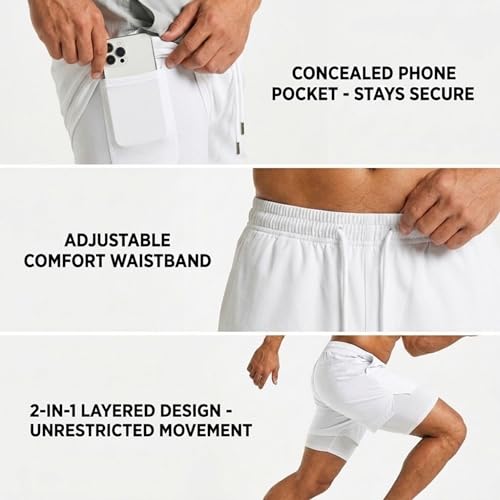Image of Boldshark Men's 2-in-1 Running Shorts with Inner Compression Layer, Quick-Dry Sports Shorts with Phone Pocket for Gym, Running & Training