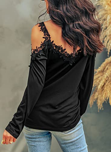 Dokotoo Fall Casual Cold Shoulder Tops For Women Lace Trim Hollowed Out Long Sleeve Sweatshirts T Shirt Women Off The Shoulder Sexy Halter Neck Top Pullover Tunic Blouses 2021 Fashion Black X-Large #TOP2