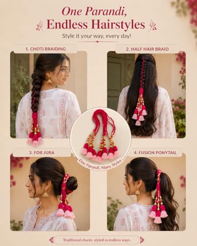 Image of Zippy Flora Rani Cotton Parandi (Pink) | Handmade Boho Parandi | Traditional Hair Accessory with Braid Tassles & Shells | Hair Extension | Choti for Curly & Straight Hair | 22 Inches Length