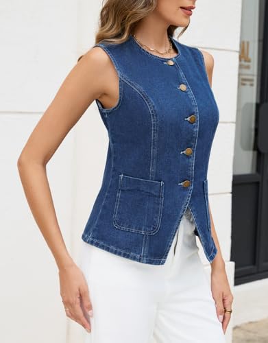 Ladyful Womens Denim Vest Top Sleeveless Jean vest Button Down Western Denim Waistcoat Suit Top3